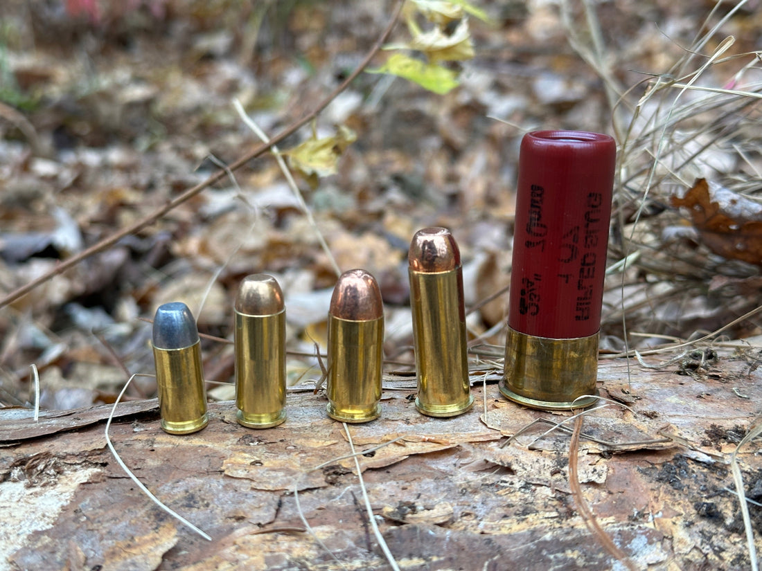 Size comparison of 9mm vs. 45 ACP vs. 10mm vs. 44 Magnum vs. Shotgun Slug Ammunition 