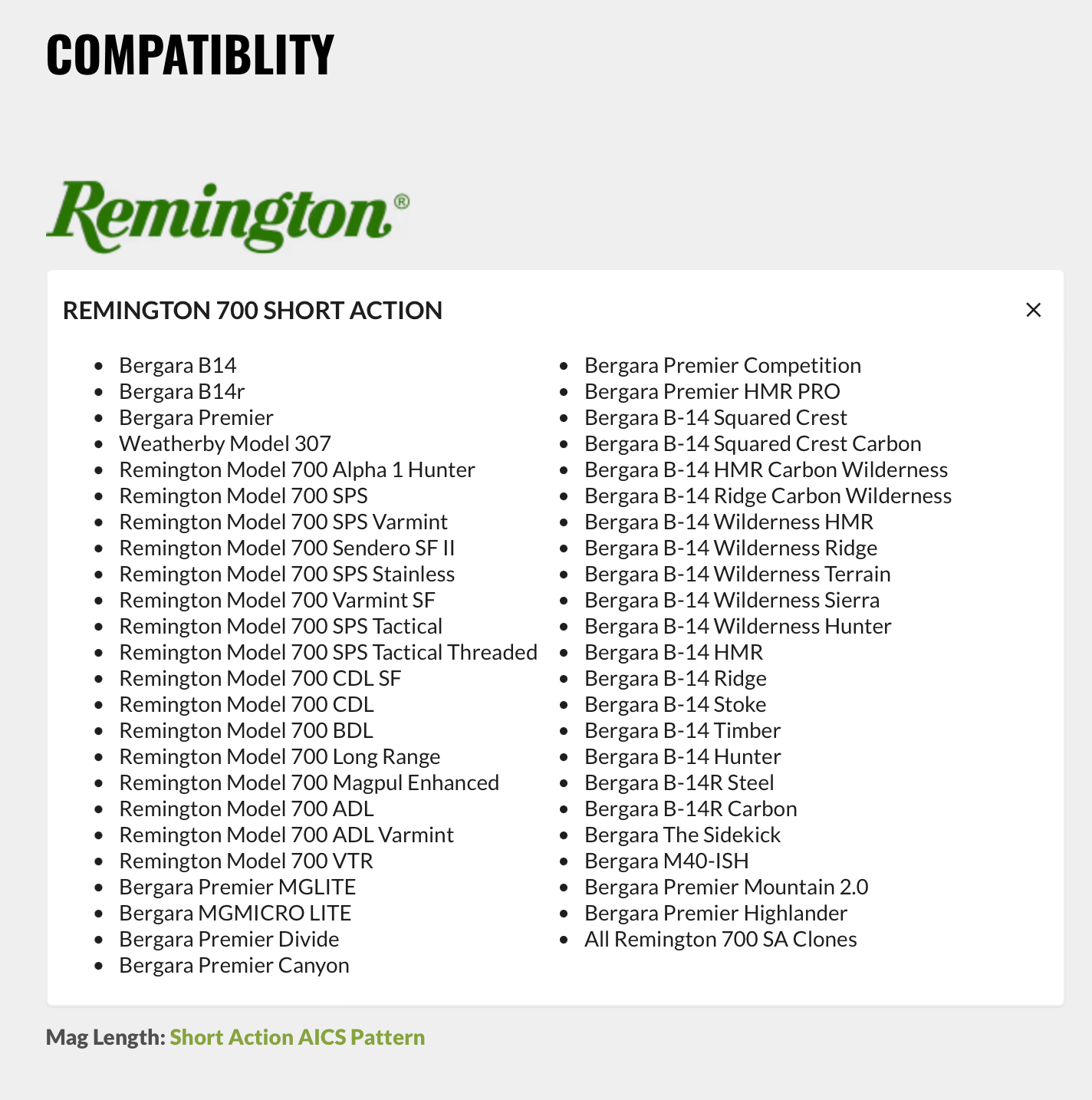 MDT CRBN Rifle Stock Compatibilty Chart