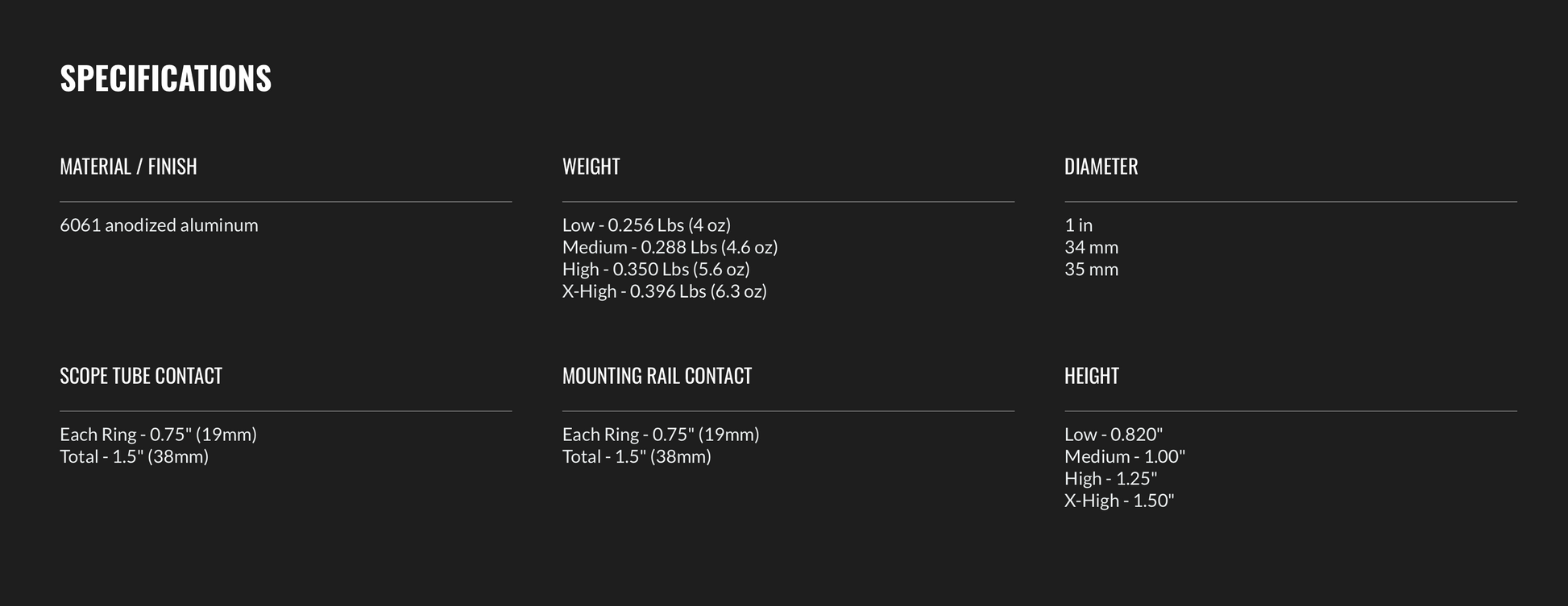 MDT Lightweight Premier Scope Rings Specifications