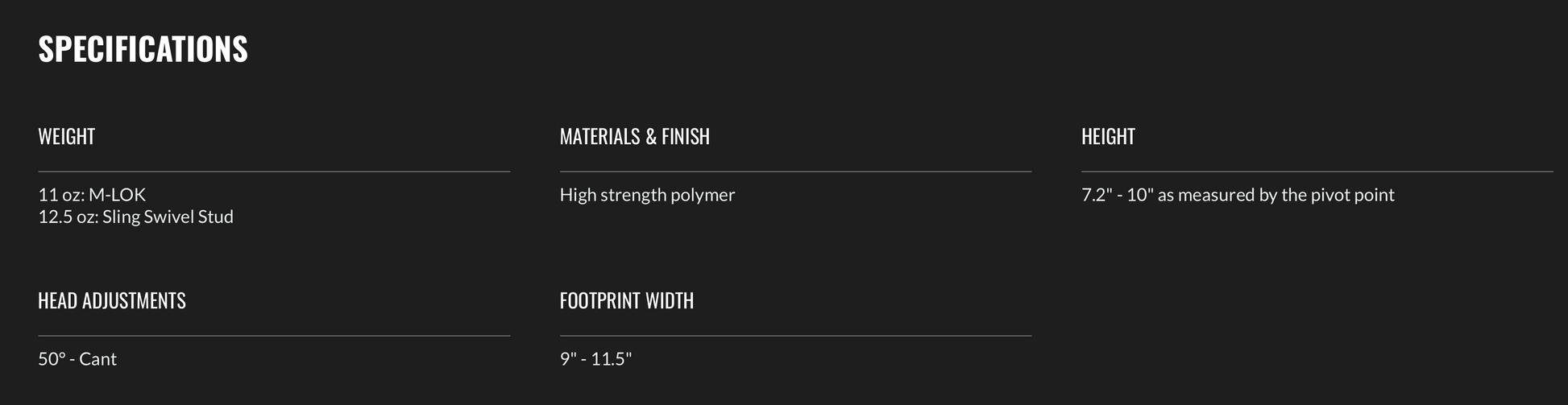 MDT ORYX Bipod Specifications